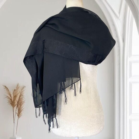 Witchy Whimsygoth Black Mesh Satin Fringe Paisley Scarf / Shawl 42 x 68" Large - Picture 1 of 6